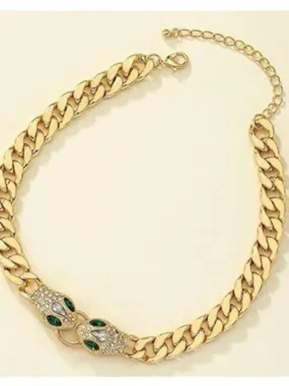 Anthropologie Gold Chain Necklace with Green and Clear Crystal Snake Heads